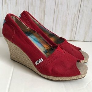 toms Red Peep Toe Canvas Wedges Sandals Heels